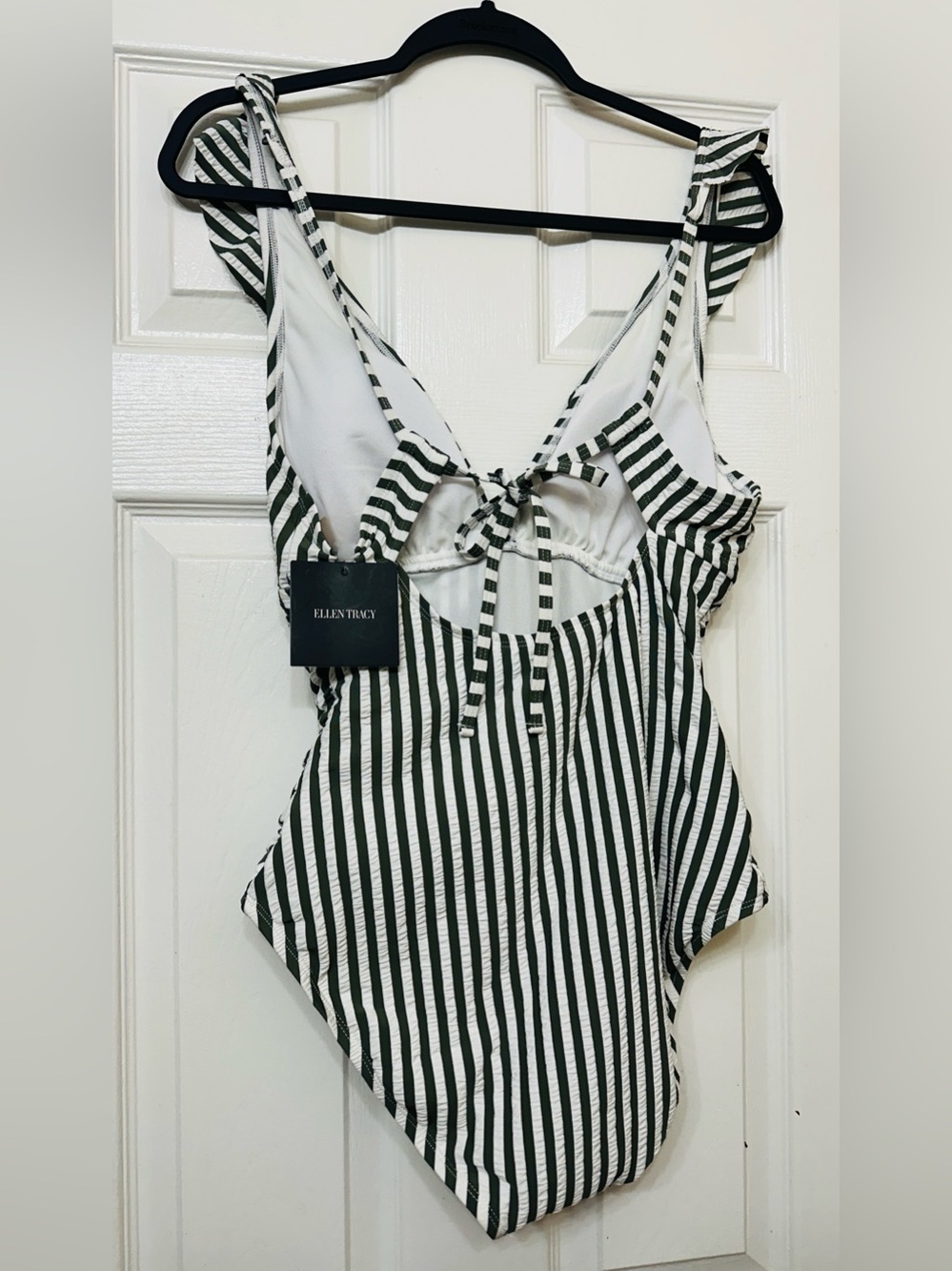 Ellen Tracy Swimsuit Olive Green White Striped Ruffle V Neck One-Piece Size 12 - Picture 2 of 8
